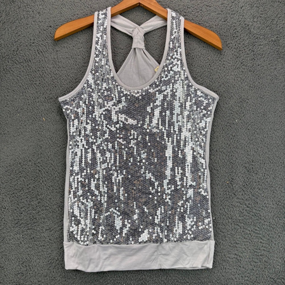 Open Gates Womens Silver Sequin Racerback Tank Top Large